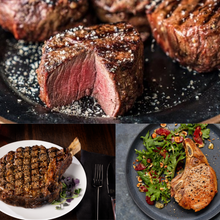 Load image into Gallery viewer, This combination features our Certified Angus Beef® Bone-In Ribeye Steak, Tenderloin Filet, and delicious Berkshire Pork Rack Chops. 2pc of each item.