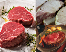 Load image into Gallery viewer, This combination features our Certified Angus Beef® Hickory Smoked Prime Rib Slices, Tenderloin Filets, and delicious Hickory Smoked Garlic Herb Boneless Pork Chops.