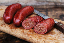 Load image into Gallery viewer, Our Hot Sausage Links are medium heat, smoked over hickory, and ready to heat and serve.  Contains Pork and Beef.