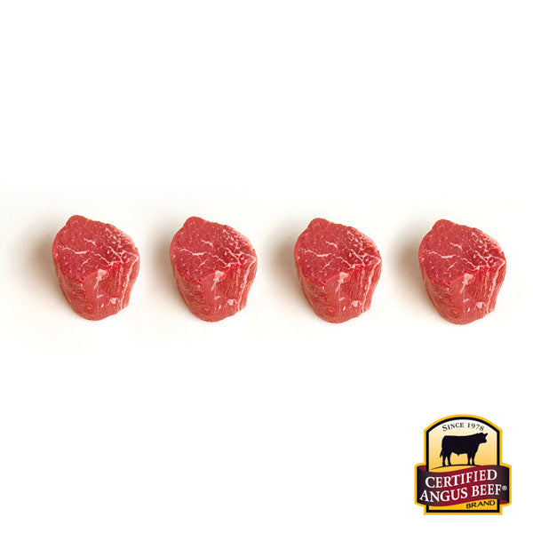 3oz CAB Filet steaks lined up on a white background with Certified Angus Beef brand logo.