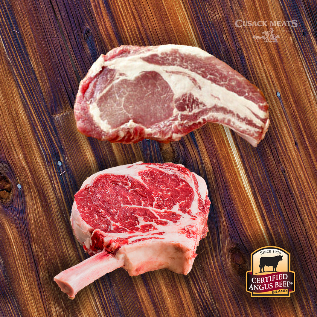 Bone-In Ribeye Steak and Berkshire Pork Chop is the perfect combo 
