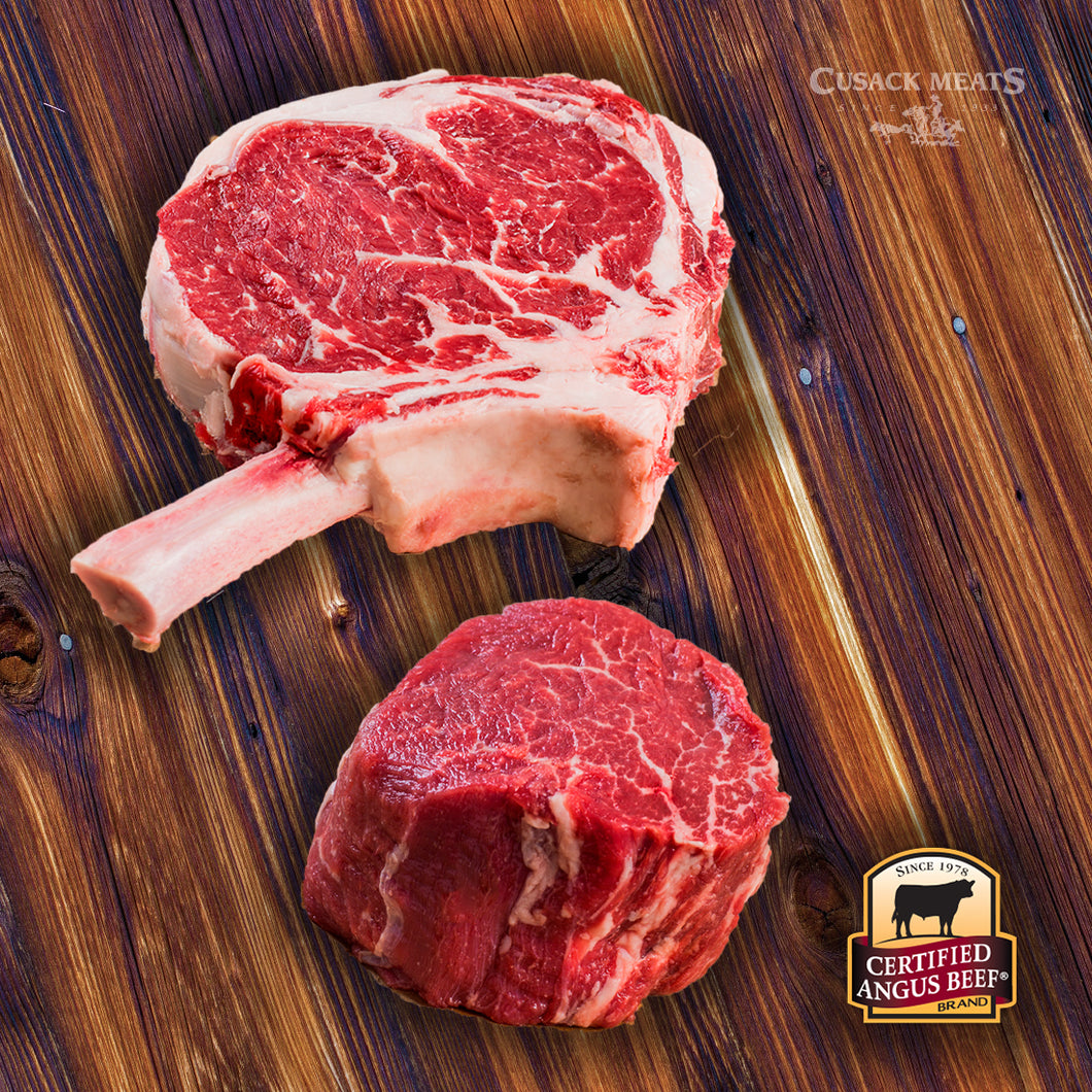 This combo of steaks has the filet and bone-in ribeyes 