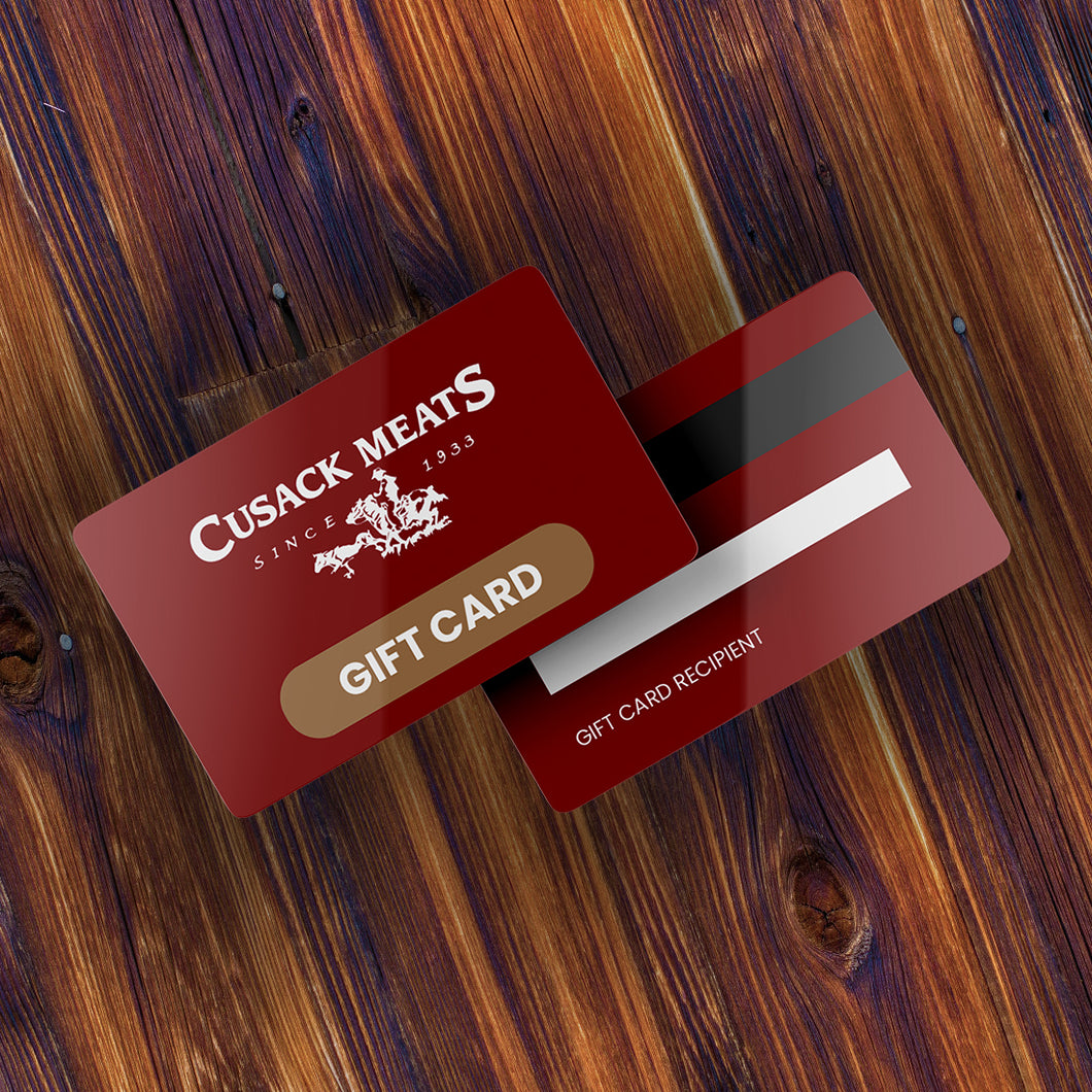 Cusack Meats gift cards that you can buy online to send to family or friends. 