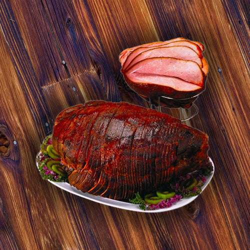 This ham is honey glazed and spiral sliced, fully injected with honey and has a bone in it.